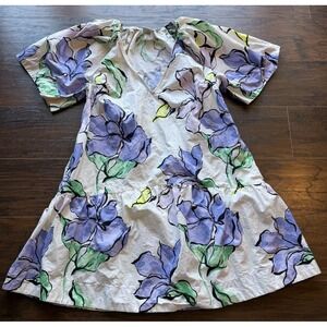 A New Day Floral Mini Dress Puff Sleeve V Neck Boho Purple Flower XS 100% Cotton